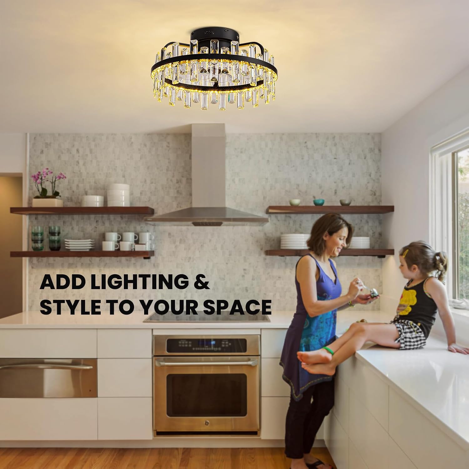 20' Crystal Ceiling Fans with Lights Remote Control Dimmable 6 Speeds Reverible Timer Black Fandelier for Bedroom Dining Room Living Room