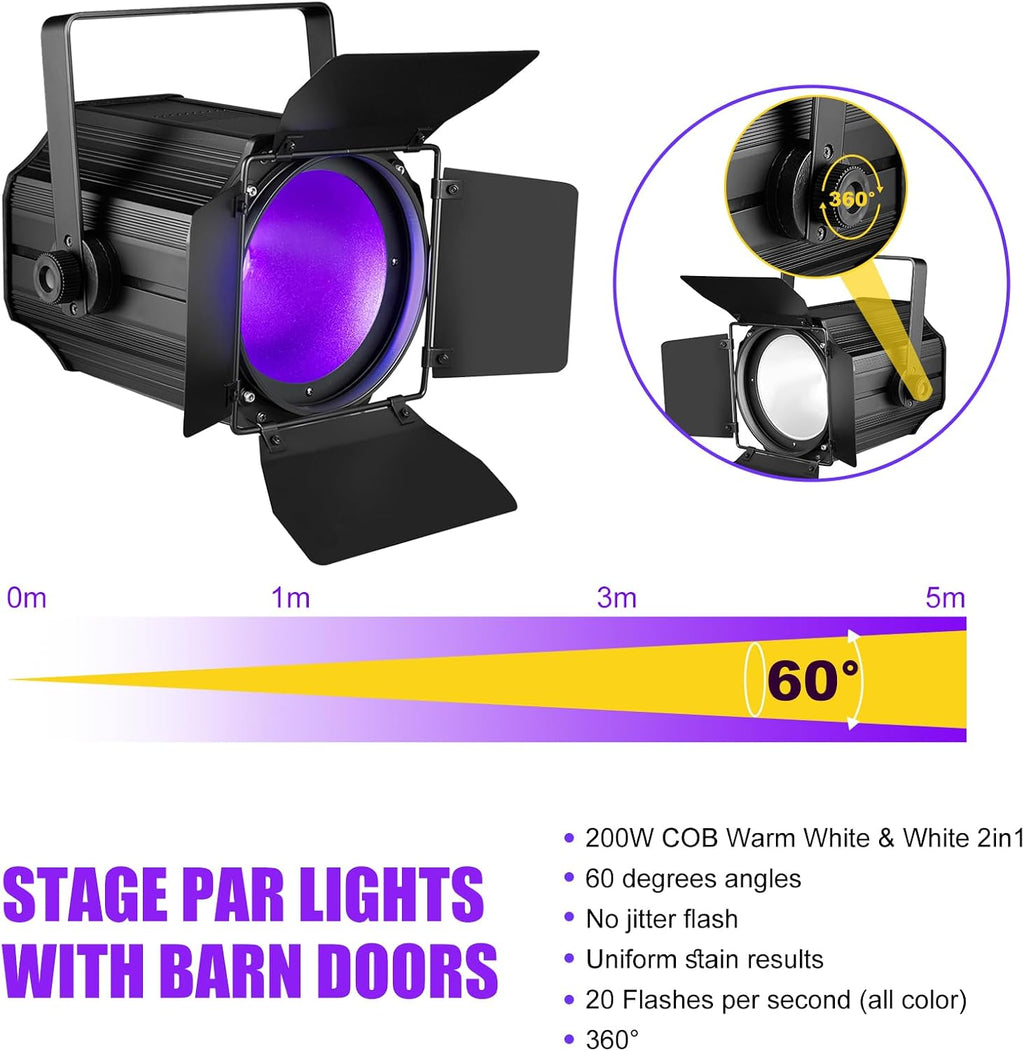 COB Stage Lights with Barn Doors, COB Par Light 200W LED 3500~7500K Warm White & White, DMX512 Master-Slave Sound DJ Lighting Spotlight Fresnel for Church Concert Wedding (2-Colors Style, 2)
