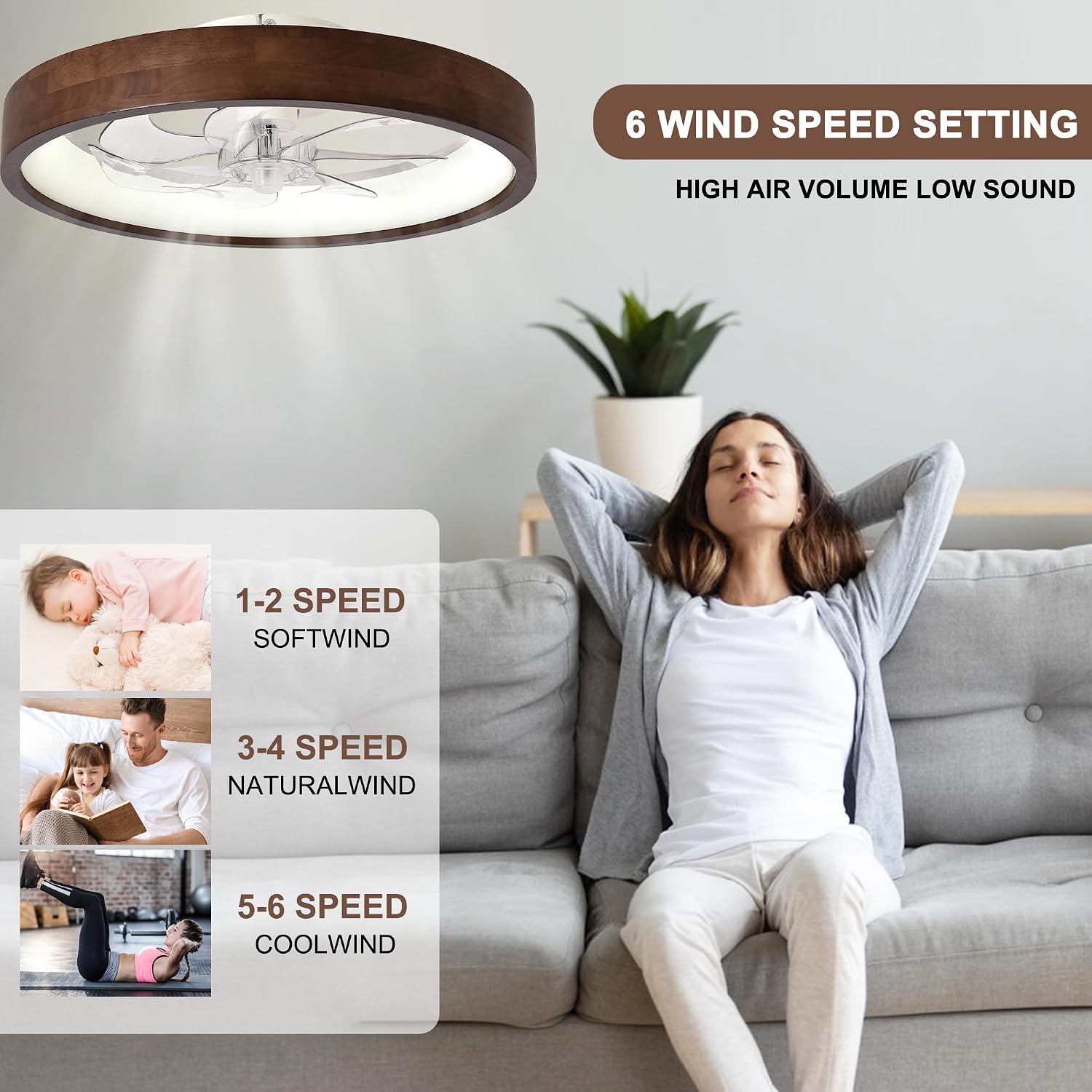 20' Ceiling Fans with Lights,3 Color Dimmable LED,6 Speeds,Reversible Modern Dark Wooden Flush Mount Low Profile Ceiling Fans with Lights and Remote for Bedroom/Kidsroom/Dinng Room