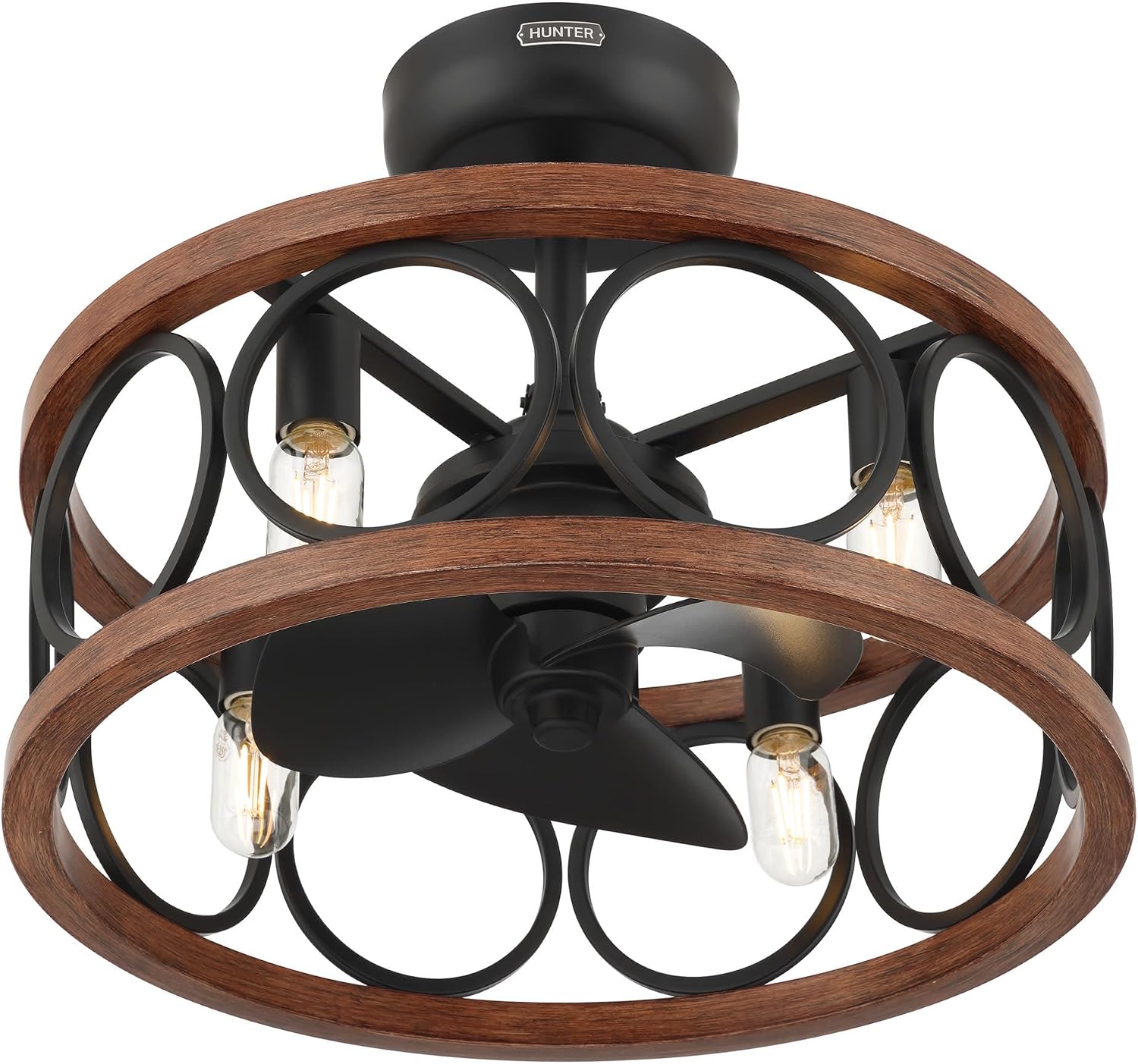 Hunter Haven 22 inch Indoor Fandelier Caged Ceiling Fan with Light and Remote, Matte Black Ceiling Fan with Wood Accents, Industrial Farmhouse Style for Bedrooms, Living Rooms, and Home Offices, 50105