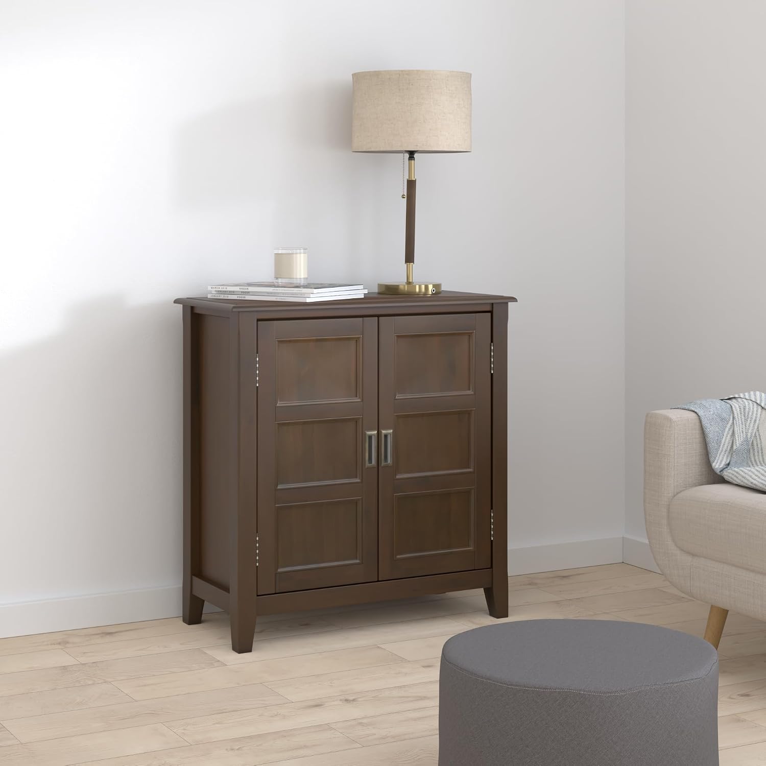 SIMPLIHOME Burlington Storage Cabinet - 30 inch Wide Solid Wood 2 Door Low Storage Unit in Mahogany Brown, Transitional Accent Cabinet for Living Room or Entryway with Adjustable Shelves