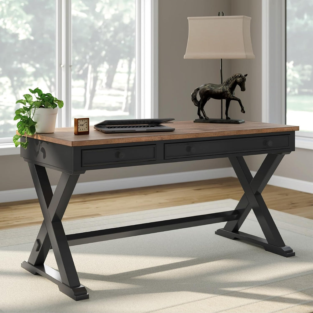 Signature Design by Ashley Wildenauer Farmhouse 1-Drawer 60' Home Office Desk with Keyboard Tray, Cord Management and Trestle Base, Dark Brown & Black