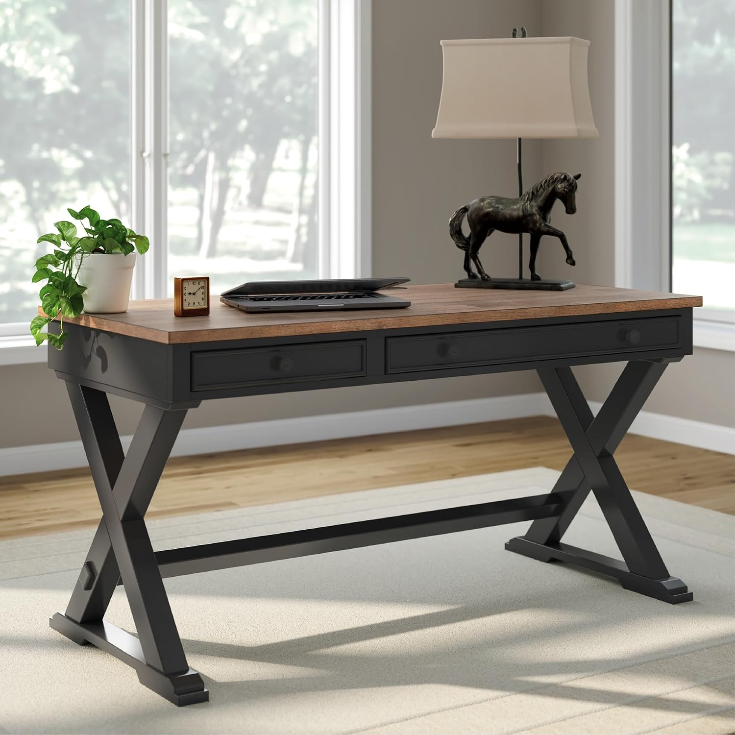 Signature Design by Ashley Wildenauer Farmhouse 1-Drawer 60' Home Office Desk with Keyboard Tray, Cord Management and Trestle Base, Dark Brown & Black