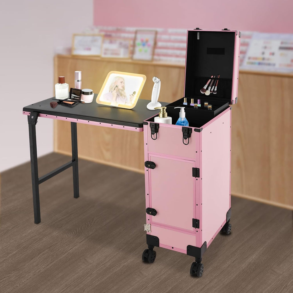 Professional Rolling Makeup Case, Foldable Nail Tables with Detachable Lighted Mirror, Travel Cosmetic Trolley Storage Organizer with Drawers & Lock, Manicure for Artist (Pink)