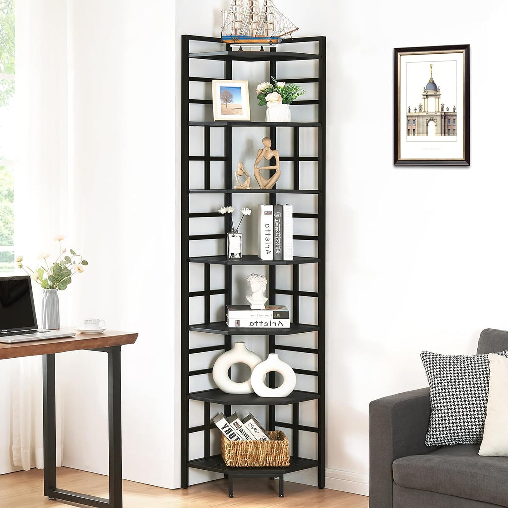 HOMISSUE Corner Shelf, 7 Tier Tall Narrow Bookshelf 82.6', Industrial Corner Bookcase with Storage for Home Office Living Room and Bedroom, Black