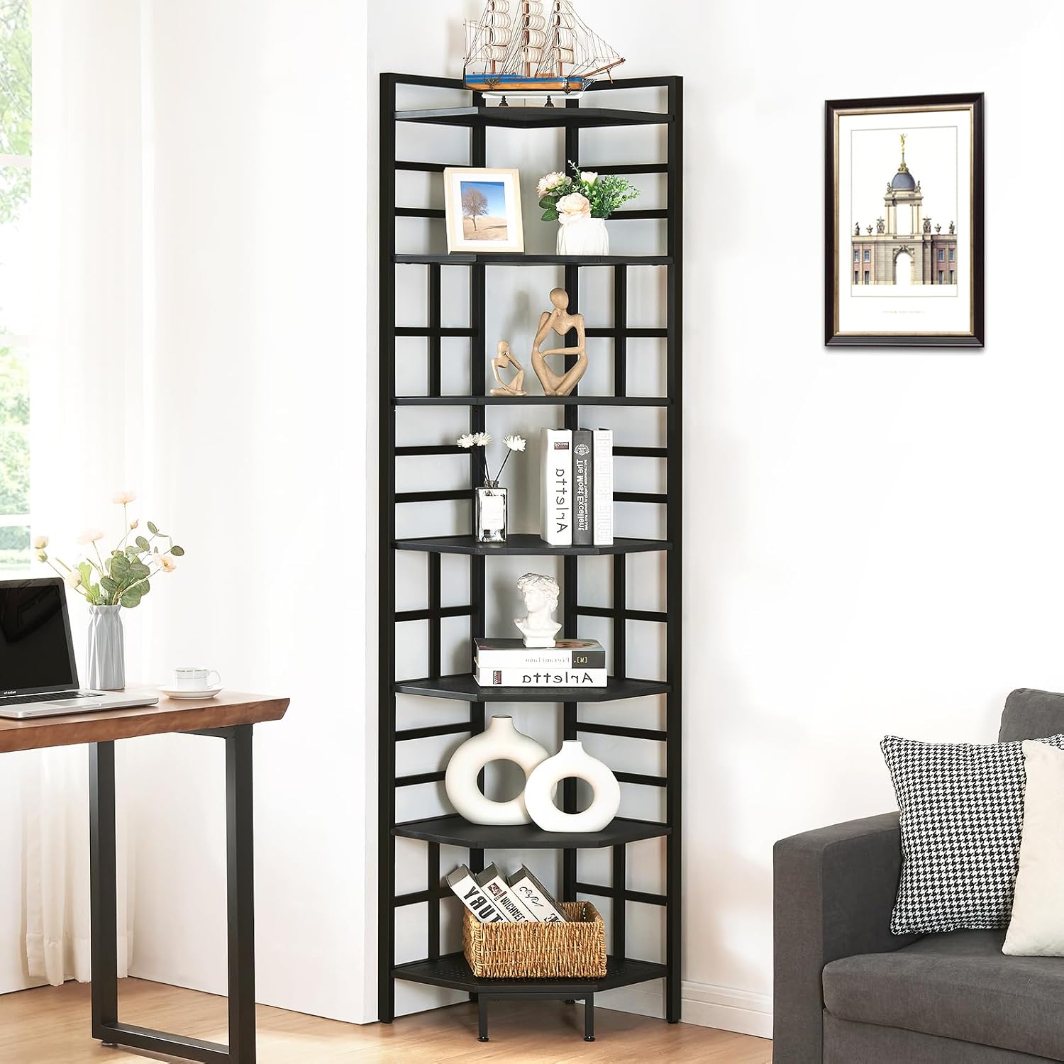 HOMISSUE Corner Shelf, 7 Tier Tall Narrow Bookshelf 82.6', Industrial Corner Bookcase with Storage for Home Office Living Room and Bedroom, Black