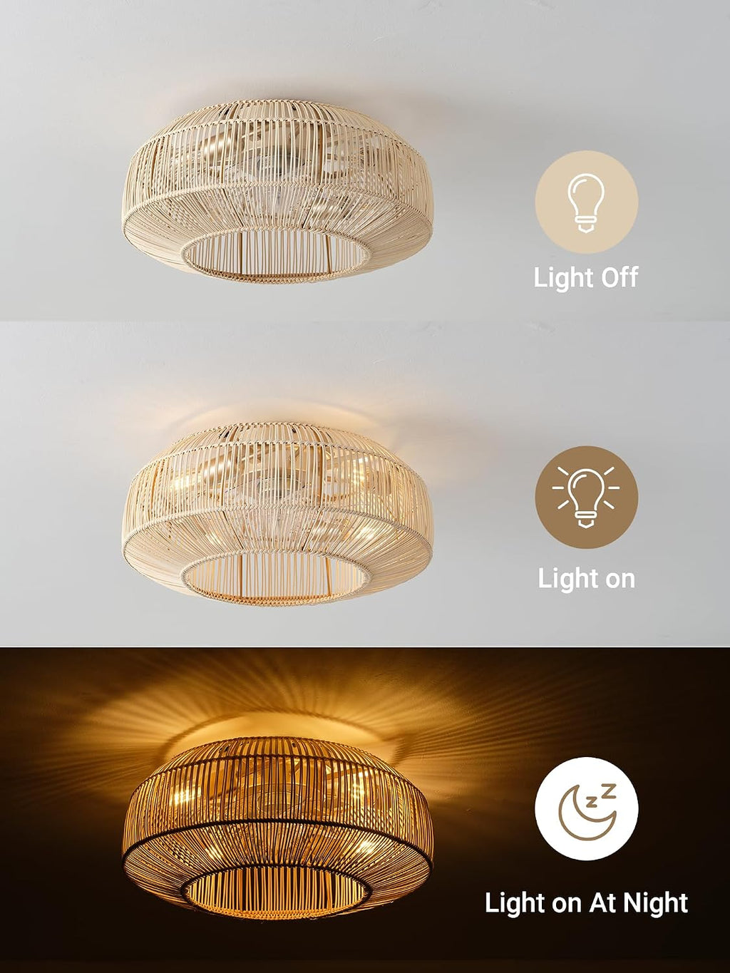 Boho Caged Ceiling Fan with Light, 20' Rattan Flush Mount Ceiling Fans with Lights Remote Contro, Bladeless Enclosed Fandelier Fan Safe for Bedroom, Living room, Nursery