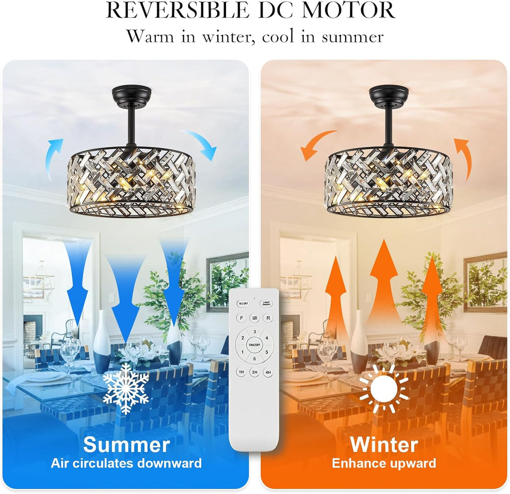 Modern Caged Ceiling Fan with Light Crystal Fandelier with Remote Control 18' Black Flush Mount Ceiling Fan DC Motor with Reversible 8 Blades 6 Speeds for Bedroom Dining Room Kitchen