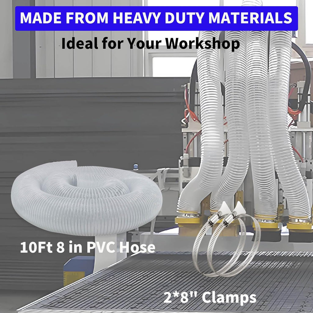 JUYO VONSAN 8 Inches Dust Collection Hose 10ft Flex Heavy Duty 8 In Clear PVC Dust Debris Collector Hose With Connector and Clamps (8'' X 10ft)