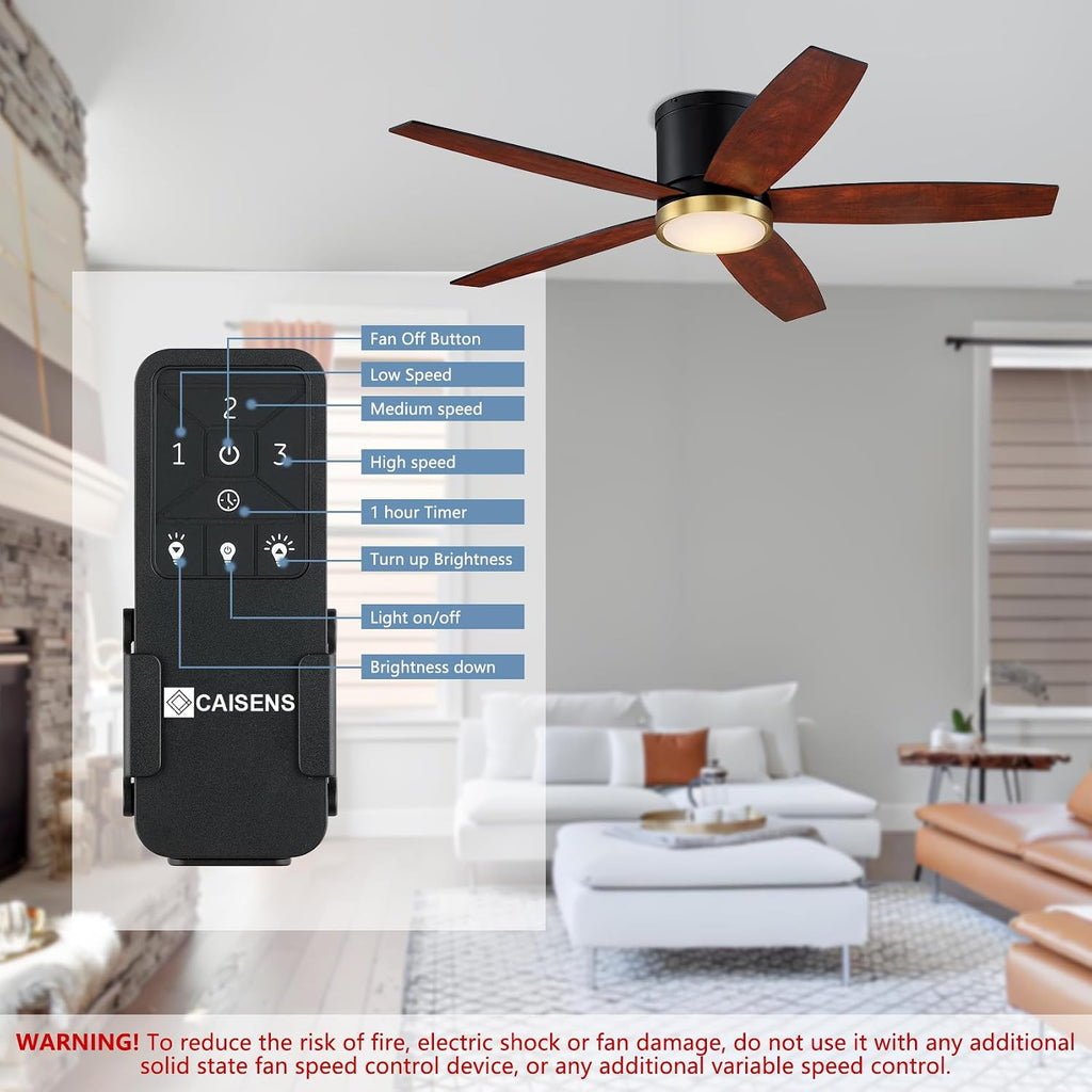 52 Inch Low Profile Ceiling Fan with Light and Remote, Black and Gold Flush Mount Ceiling Fan with Light, Indoor Modern Hugger Fan with Light Fixture and Timer Setting, 3CCT, Bedroom, Dining Room