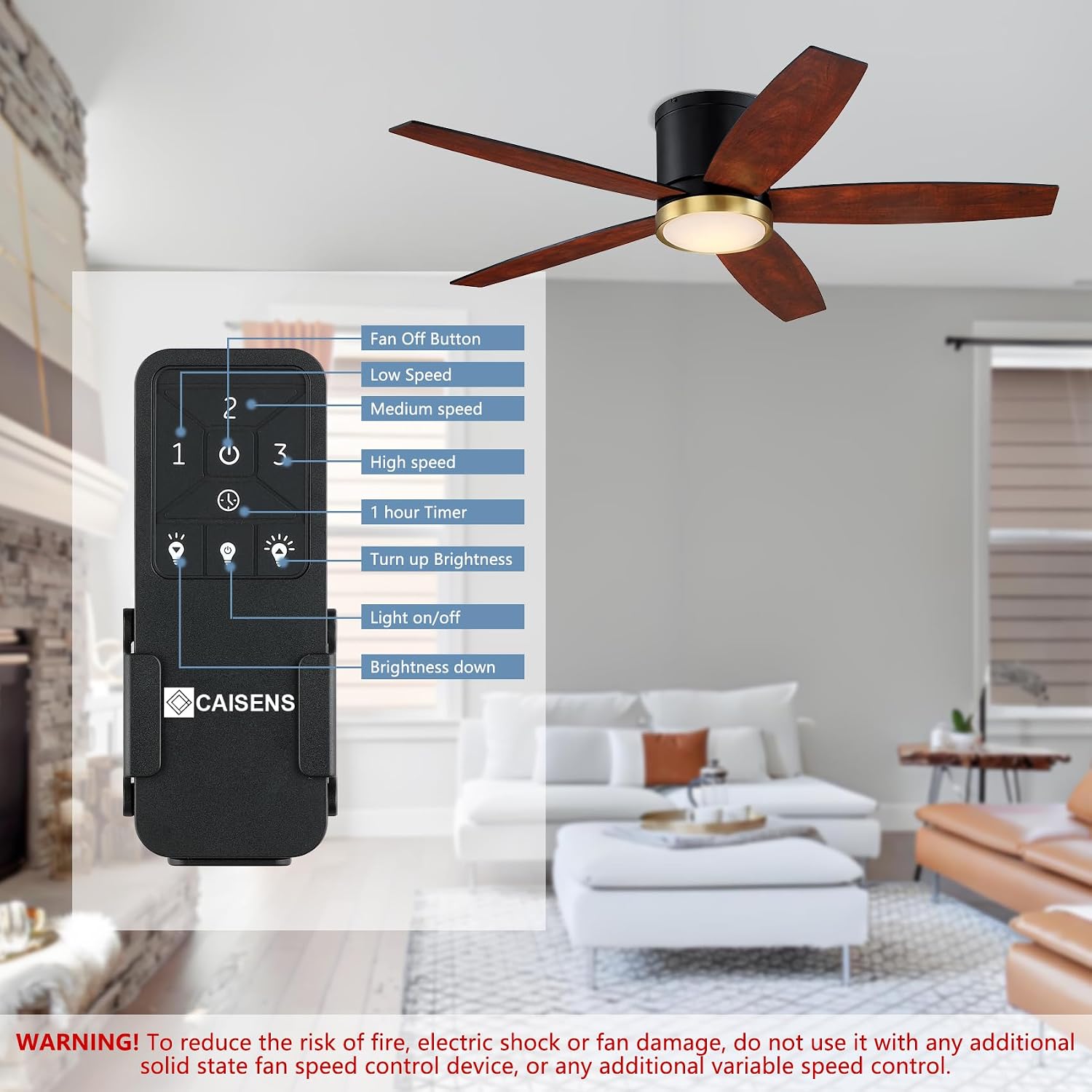 52 Inch Low Profile Ceiling Fan with Light and Remote, Black and Gold Flush Mount Ceiling Fan with Light, Indoor Modern Hugger Fan with Light Fixture and Timer Setting, 3CCT, Bedroom, Dining Room
