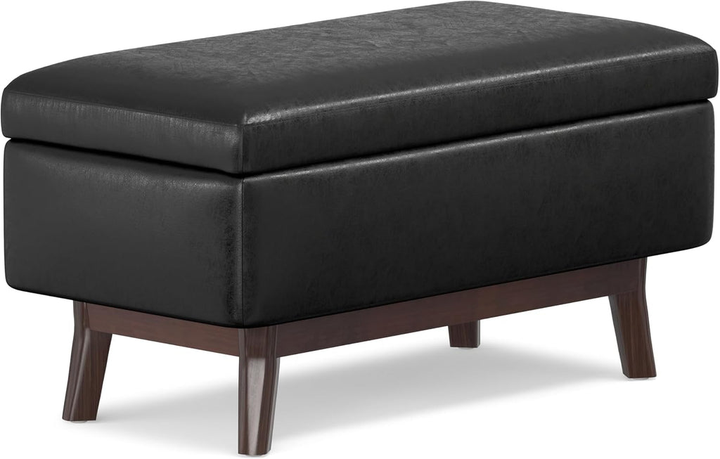 SIMPLIHOME Owen Small Rectangular Storage Ottoman - 36 inch Wide Upholstered Vegan Leather Lift-Top Ottoman in Distressed Black, Mid-Century Modern Ottoman for Living Room with Tufted Detail