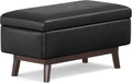 SIMPLIHOME Owen Small Rectangular Storage Ottoman - 36 inch Wide Upholstered Vegan Leather Lift-Top Ottoman in Distressed Black, Mid-Century Modern Ottoman for Living Room with Tufted Detail