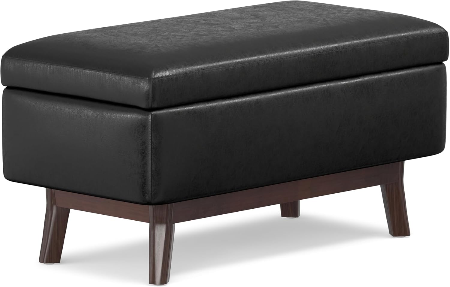 SIMPLIHOME Owen Small Rectangular Storage Ottoman - 36 inch Wide Upholstered Vegan Leather Lift-Top Ottoman in Distressed Black, Mid-Century Modern Ottoman for Living Room with Tufted Detail