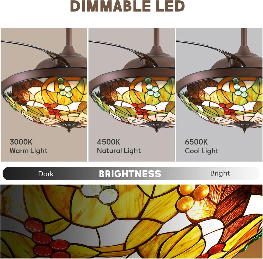 52 inch Tiffany Ceiling Fan with Light Stained Glass Fandelier with Retractable Blades 52' Vintage Ceiling Fan Light Dimmable LED Fandelier for Bedroom and Living Room