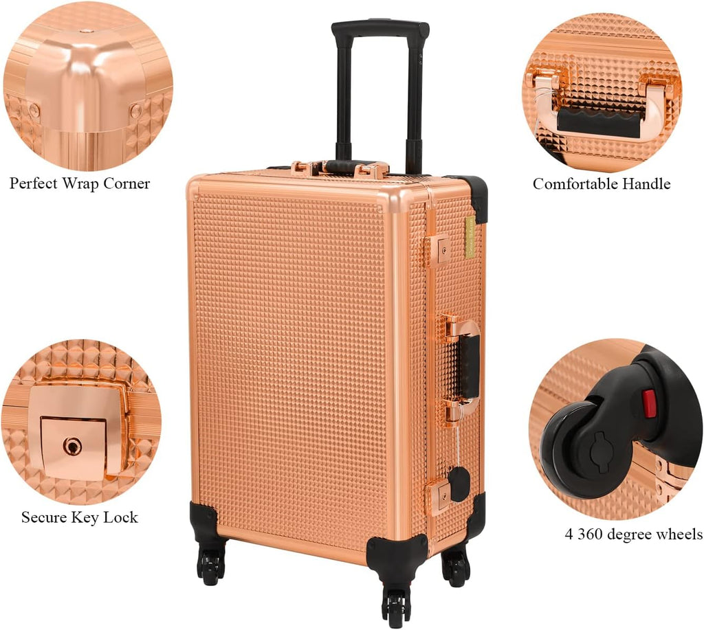 Aluminum Trolley Makeup Train Case with LED Lights Professional Cosmetic Organizer Studio with Speaker, Wheels and Stands Rolling Lighted Makeup Vanity Station for Travel (Rose Gold)
