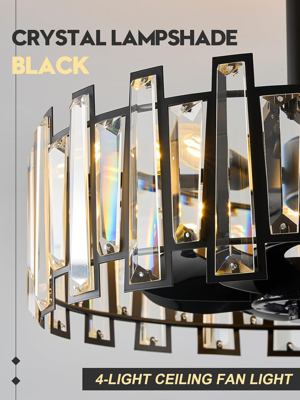 Crystal Caged Ceiling Fan Light with Remote Control Modern Black Crystal Ceiling Light with Fan Reversible 18in Fandelier for Bedroom Kitchen Dining Room Living Room
