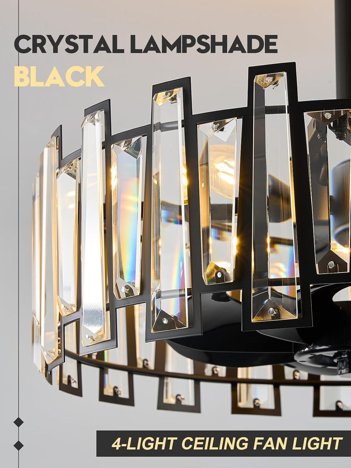 Crystal Caged Ceiling Fan Light with Remote Control Modern Black Crystal Ceiling Light with Fan Reversible 18in Fandelier for Bedroom Kitchen Dining Room Living Room