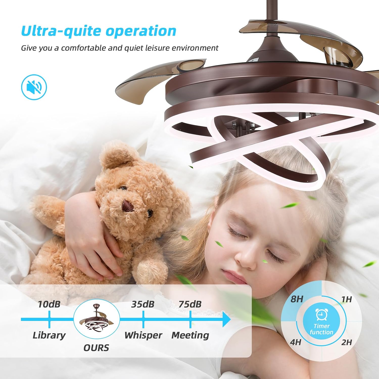 42 Inch Retractable Ceiling Fan, Fandelier Ceiling Fan with Light, Dimmable，Silent DC Motor, 6 Speeds, Brown Chandelier Ceiling Fans with Lights for Bedroom/Living Room/Kitchen/Kis Room/Patio