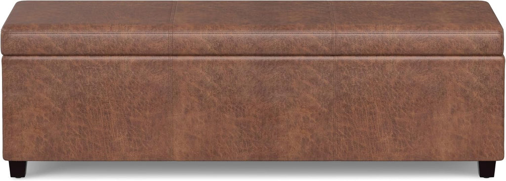 SIMPLIHOME Avalon Extra Large Storage Ottoman Bench - 54 inch Wide Upholstered Vegan Leather Rectangular Lift-Top Ottoman in Distressed Saddle Brown, Contemporary Bench for Living Room with Storage