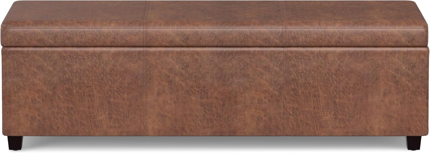 SIMPLIHOME Avalon Extra Large Storage Ottoman Bench - 54 inch Wide Upholstered Vegan Leather Rectangular Lift-Top Ottoman in Distressed Saddle Brown, Contemporary Bench for Living Room with Storage