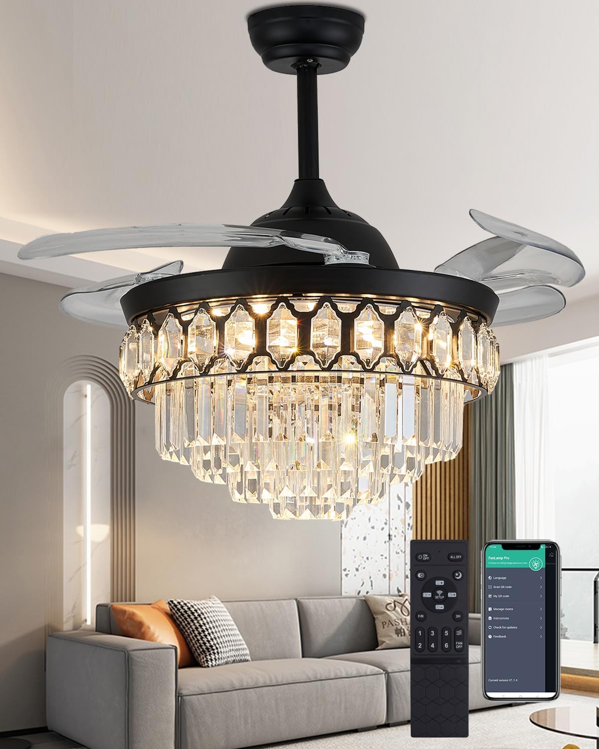 42' Dimmable Black Fandelier Crystal LED Ceiling Fans with Lights and Remote Modern Retractable Blade Ceiling Lighting Fan for Bedroom Dinning Room Living Room