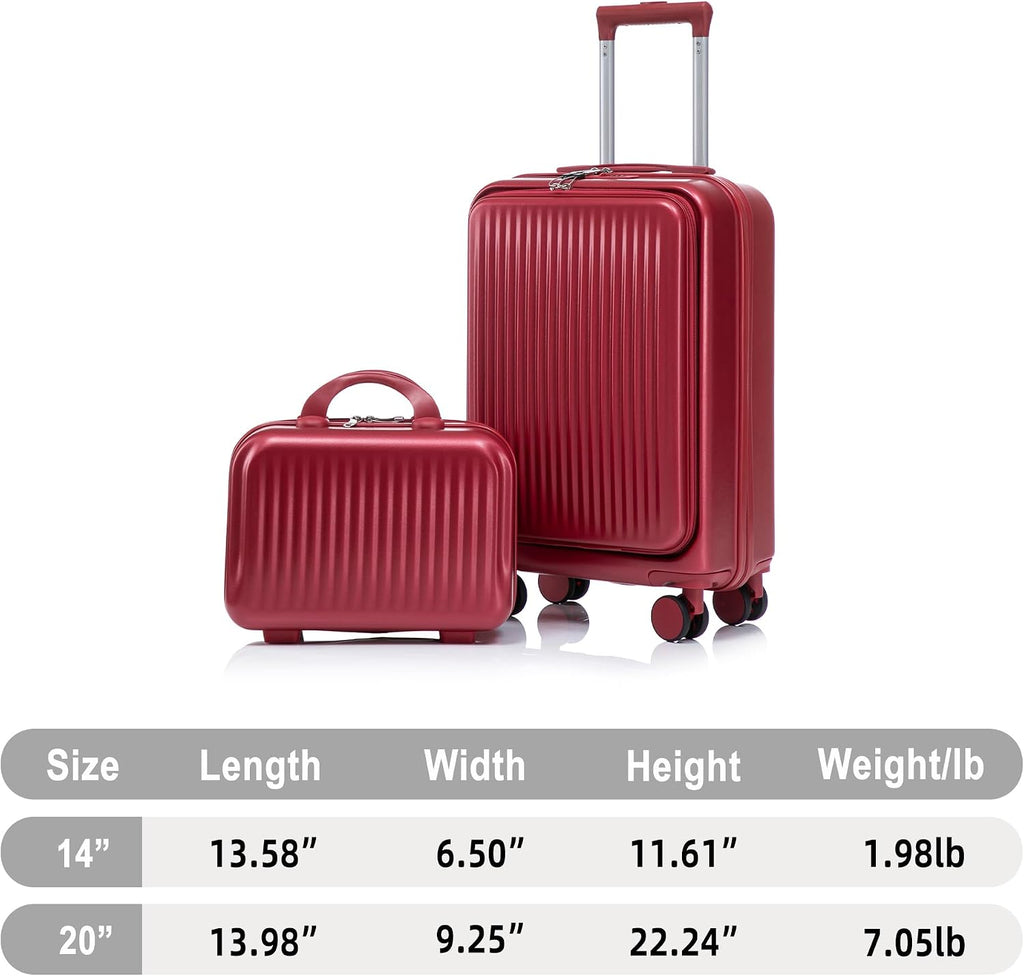 Two-piece luggage set with swivel wheels black hard shell 20-inch carry-on and 14-inch vanity case (Red)