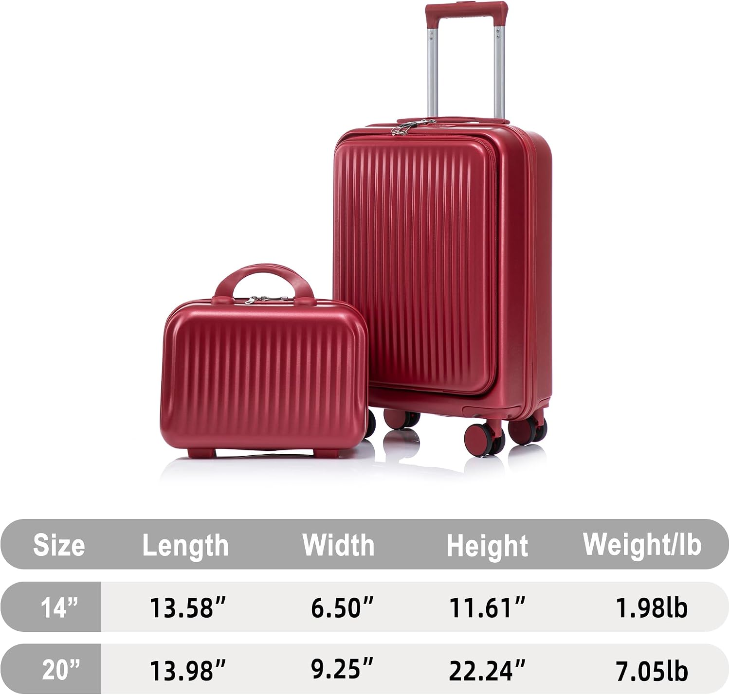 Two-piece luggage set with swivel wheels black hard shell 20-inch carry-on and 14-inch vanity case (Red)