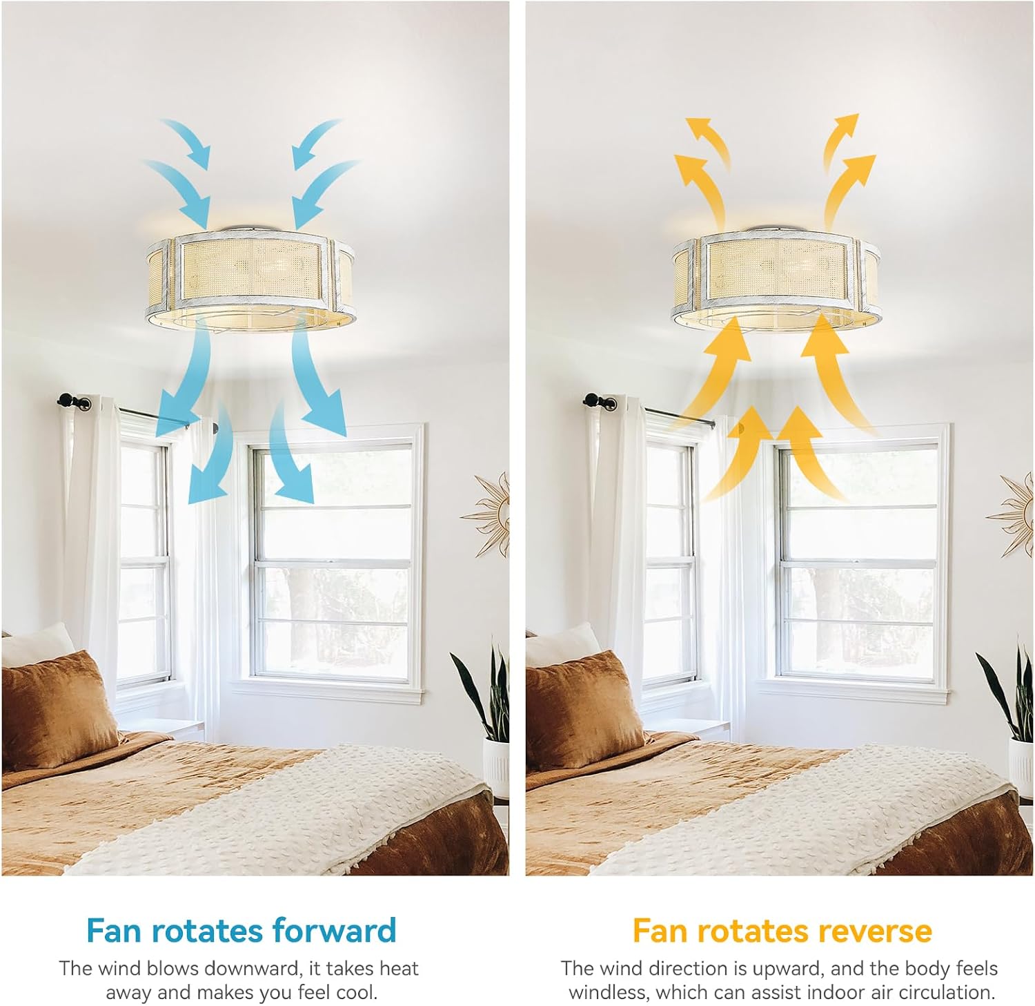 20' Boho Ceiling Fans with Lights, Rattan Ceiling Fans with Lights Remote Control, Flush Mount with 6 Speeds for Bedroom, Nursery, Living Room
