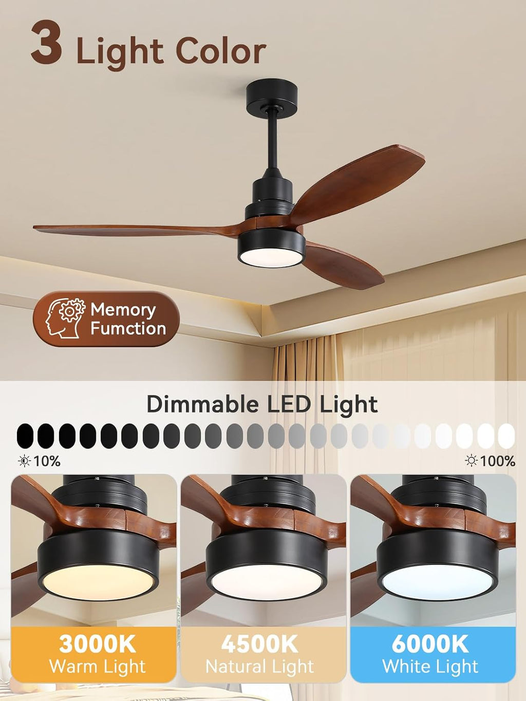 Sofucor 52 Inch Smart Ceiling Fans no Light, 3 Blade Wood Ceiling Fan Works with Remote/App/Alexa/Google, for Indoor Bedroom Living Room Outdoor Patio Porch, Brown