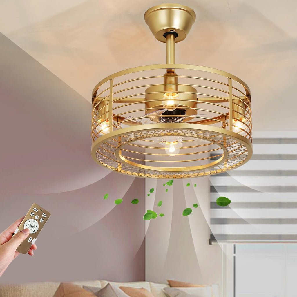 Caged Ceiling Fan with Light, Gold Fandelier Ceiling Fan and Remote Control - Reversible Motor, 6-Speed Wind, 18 Inch for Bedroom and Kitchen