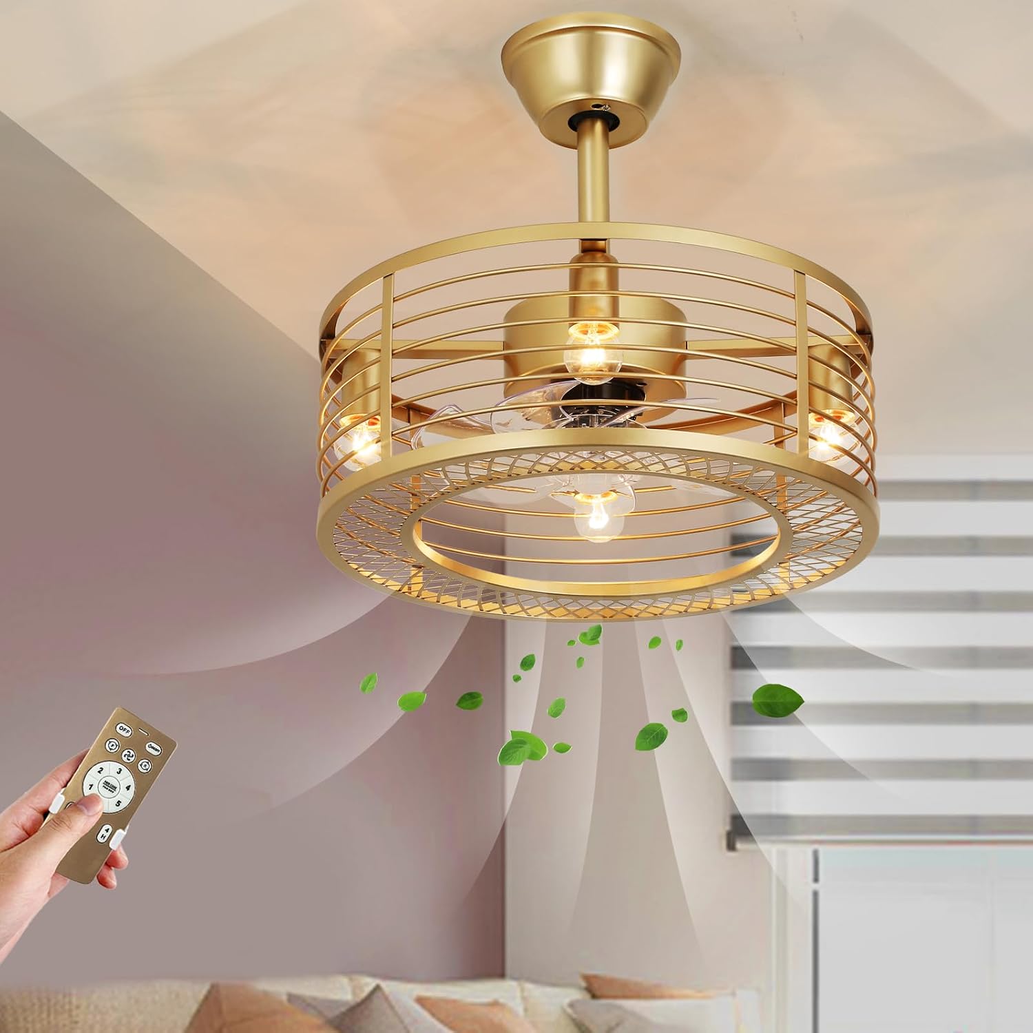 Caged Ceiling Fan with Light, Gold Fandelier Ceiling Fan and Remote Control - Reversible Motor, 6-Speed Wind, 18 Inch for Bedroom and Kitchen