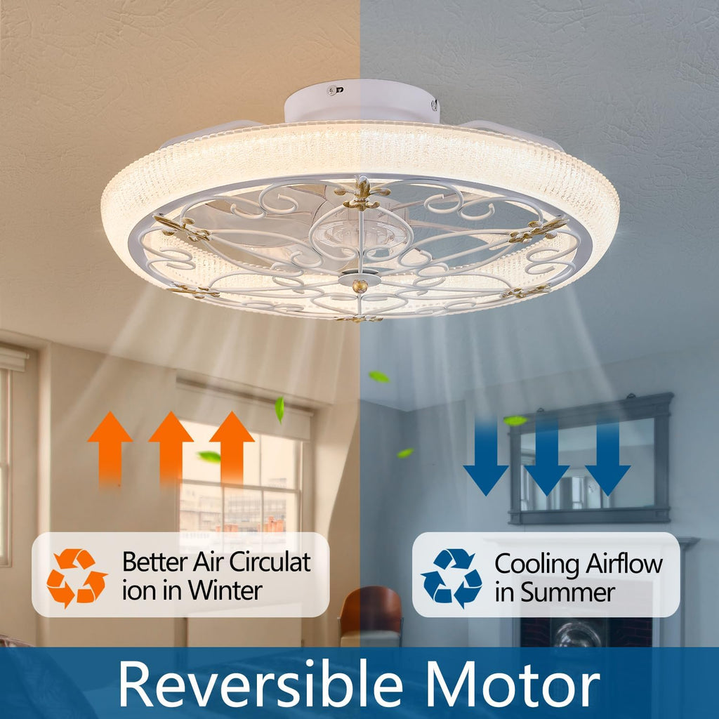 20' White Caged Ceiling Fan with Lights Remote Control with Crystal Sand Lampshade, Rustic Industrial Ceiling Fan with Light for Kitchen Bedroom Living Room