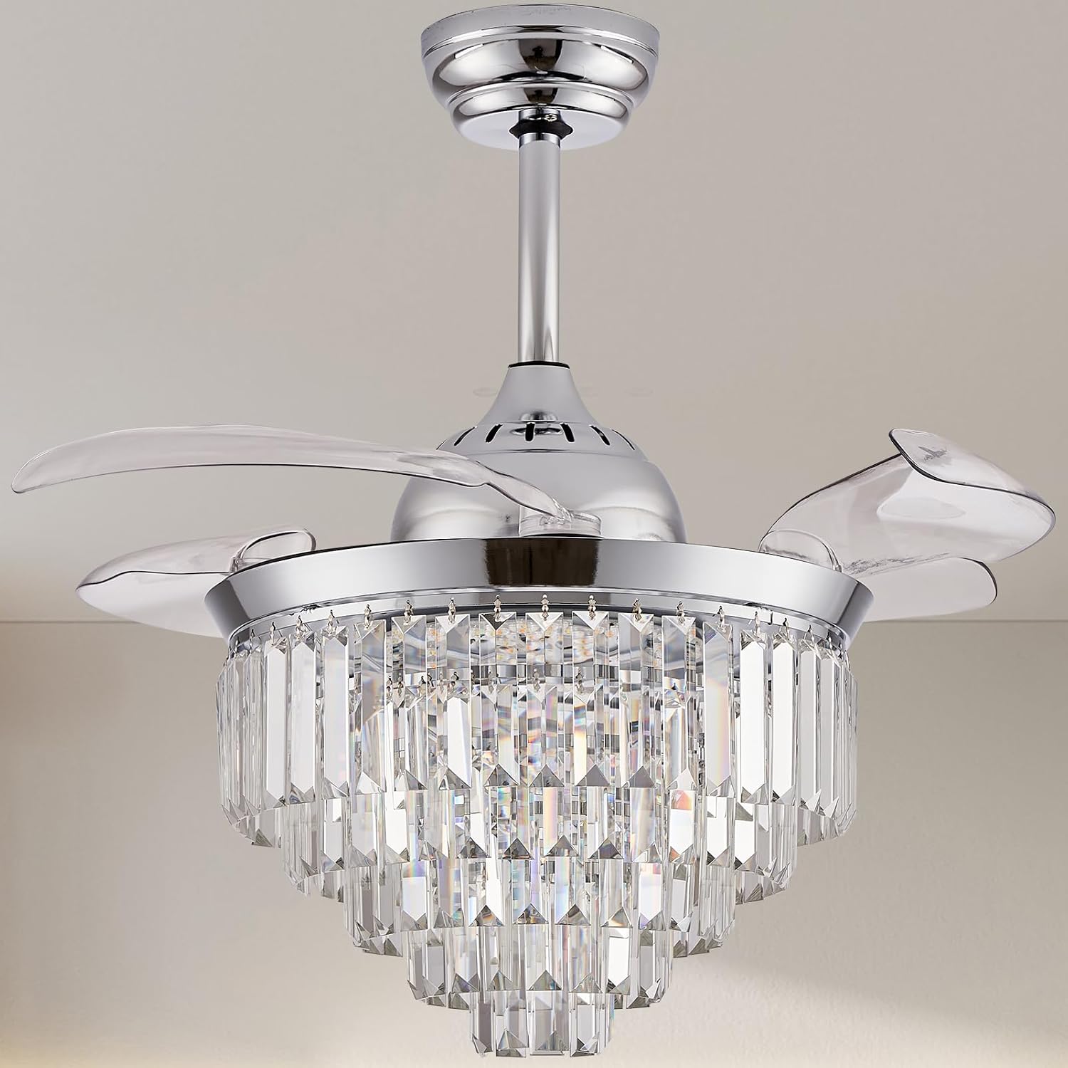 Finktonglan 36' Crystal Fandelier Ceiling Fan with Light, Retractable Blades, Dimmable 72W LED, Remote & App Control, Quiet Reversible Motor, 6 Speeds, Chrome Flush Mount for Bedroom/Living Room