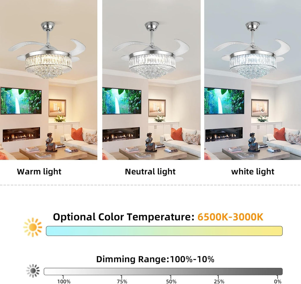 42' Smart Retractable Crystal Ceiling Fan with Light: Alexa/Google Home & Remote, Bluetooth Speaker, Dimmable RGB Light, 6-Speed Reversible Fandelier Chandelier Fan for Bedroom,Dining/Living Room