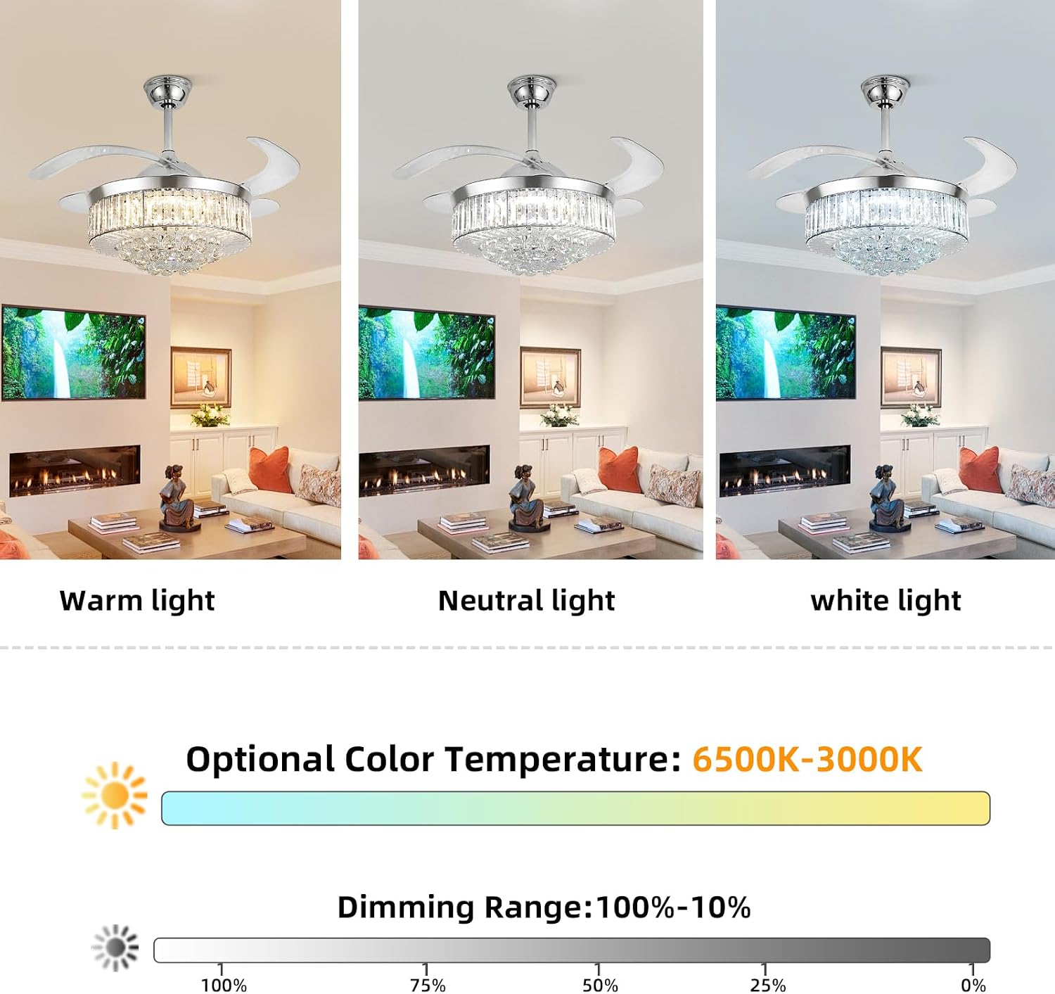 42' Smart Retractable Crystal Ceiling Fan with Light: Alexa/Google Home & Remote, Bluetooth Speaker, Dimmable RGB Light, 6-Speed Reversible Fandelier Chandelier Fan for Bedroom,Dining/Living Room