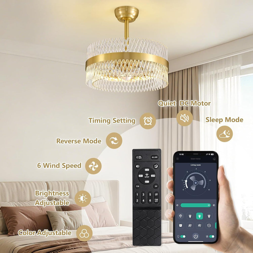 NOXARTE 20 Inch Fandelier Ceiling Fans with Light, Crystal Chandelier Fan, Gold Ceiling Fan with Remote, Modern Fandelier with 6 Reverse Speed, 3CCT, Dimmable, Timer for Bedroom,Living Room