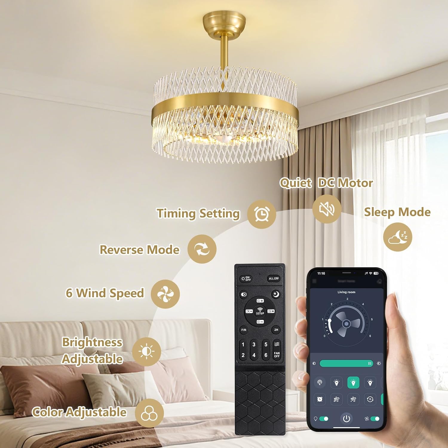 NOXARTE 20 Inch Fandelier Ceiling Fans with Light, Crystal Chandelier Fan, Gold Ceiling Fan with Remote, Modern Fandelier with 6 Reverse Speed, 3CCT, Dimmable, Timer for Bedroom,Living Room