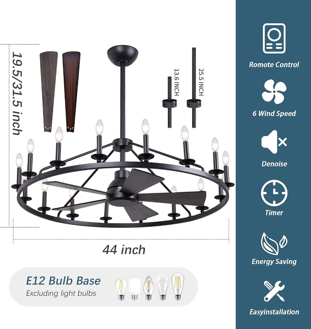 COCOSTAR 44' Black Wagon Wheel Ceiling Fan with 16-Lights, Adjustable Height Farmhouse Fandelier Chandelier for Living Room, E12 Bulb Compatible, Perfect for Summer Cooling and Winter Air Circulation