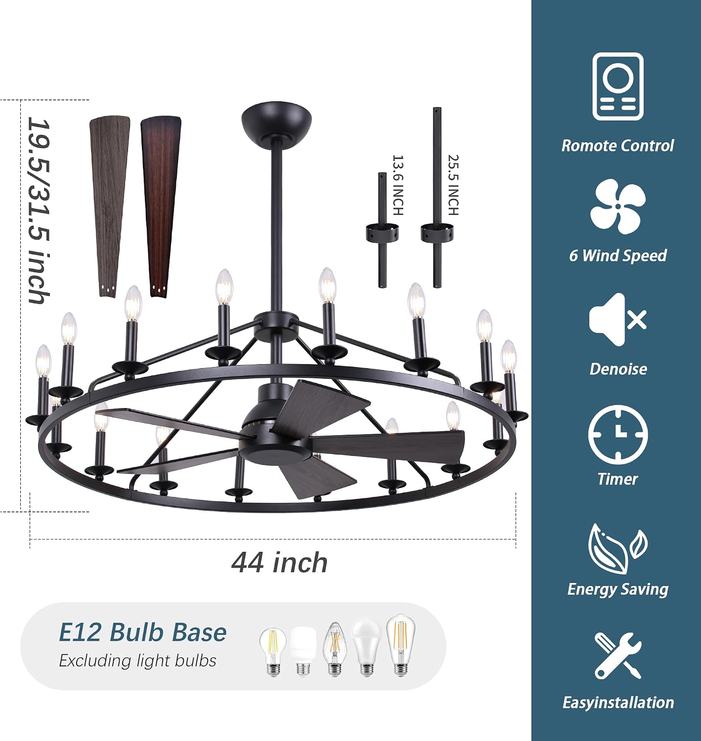 COCOSTAR 44' Black Wagon Wheel Ceiling Fan with 16-Lights, Adjustable Height Farmhouse Fandelier Chandelier for Living Room, E12 Bulb Compatible, Perfect for Summer Cooling and Winter Air Circulation