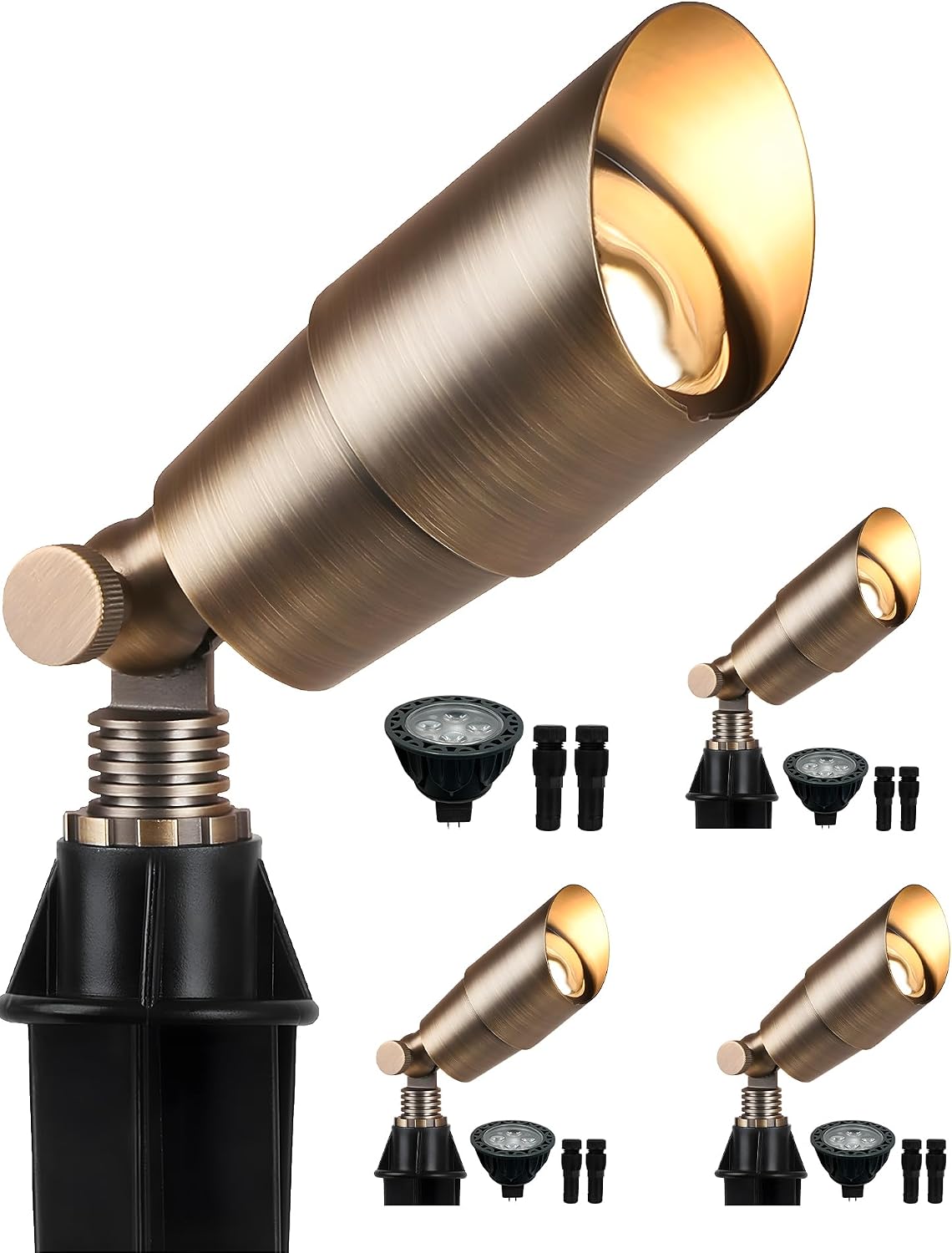 PARTPHONER Solid Brass Low Voltage Landscape Lighting, Wired 12V LED Landscape Spotlights with Aluminum Housing MR16 Bulb, Heavy Duty Outdoor Waterproof Up Lights for Garden, Yard, Trees, 4Pack