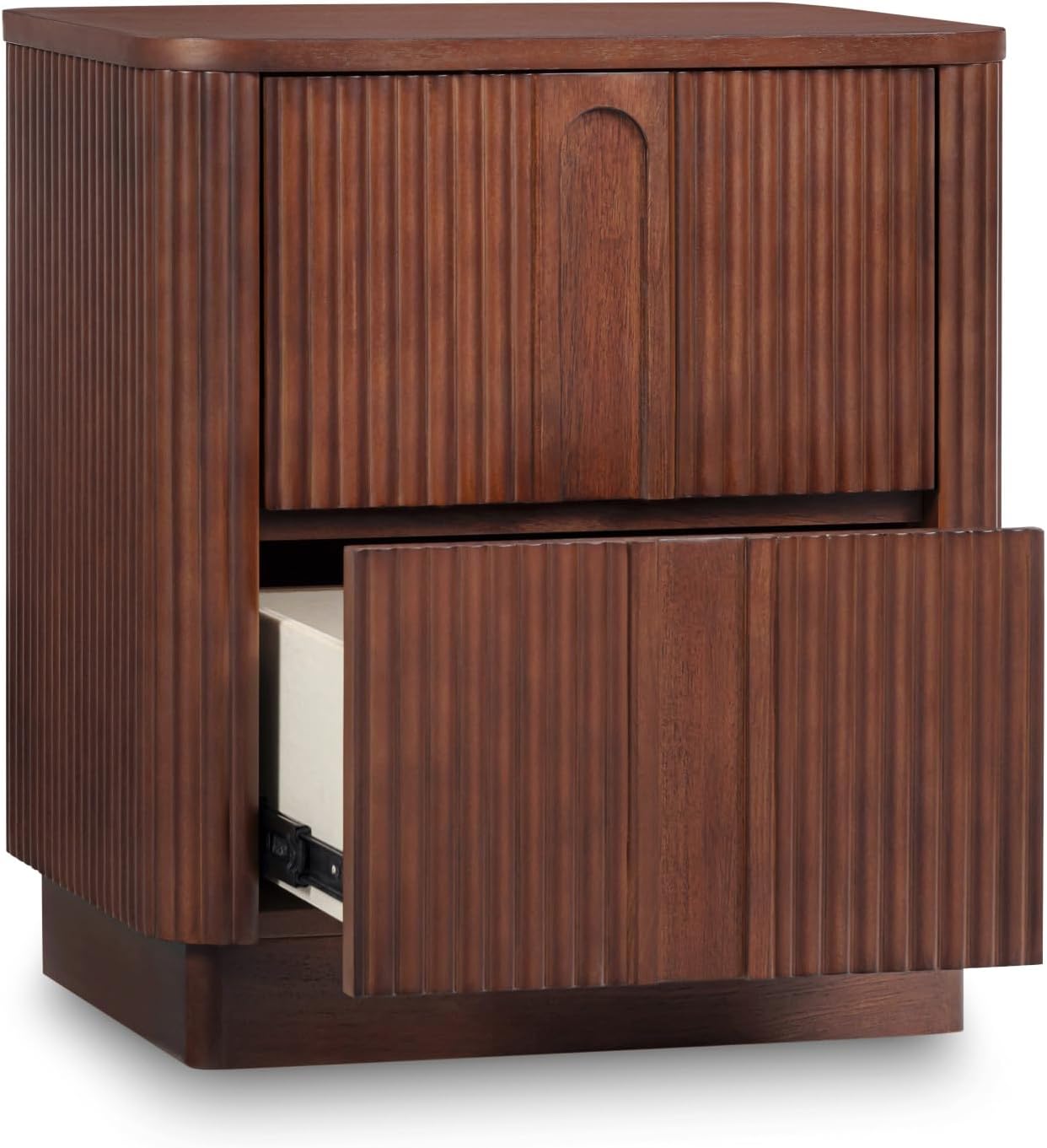 Teamson Home 20'' W Modern Storage 2-Drawer Push to Open Nightstand with Solid Wood Frame, Bedside Table Bedroom Furniture with Reeding Pattern in Scandinavian Style, Walnut