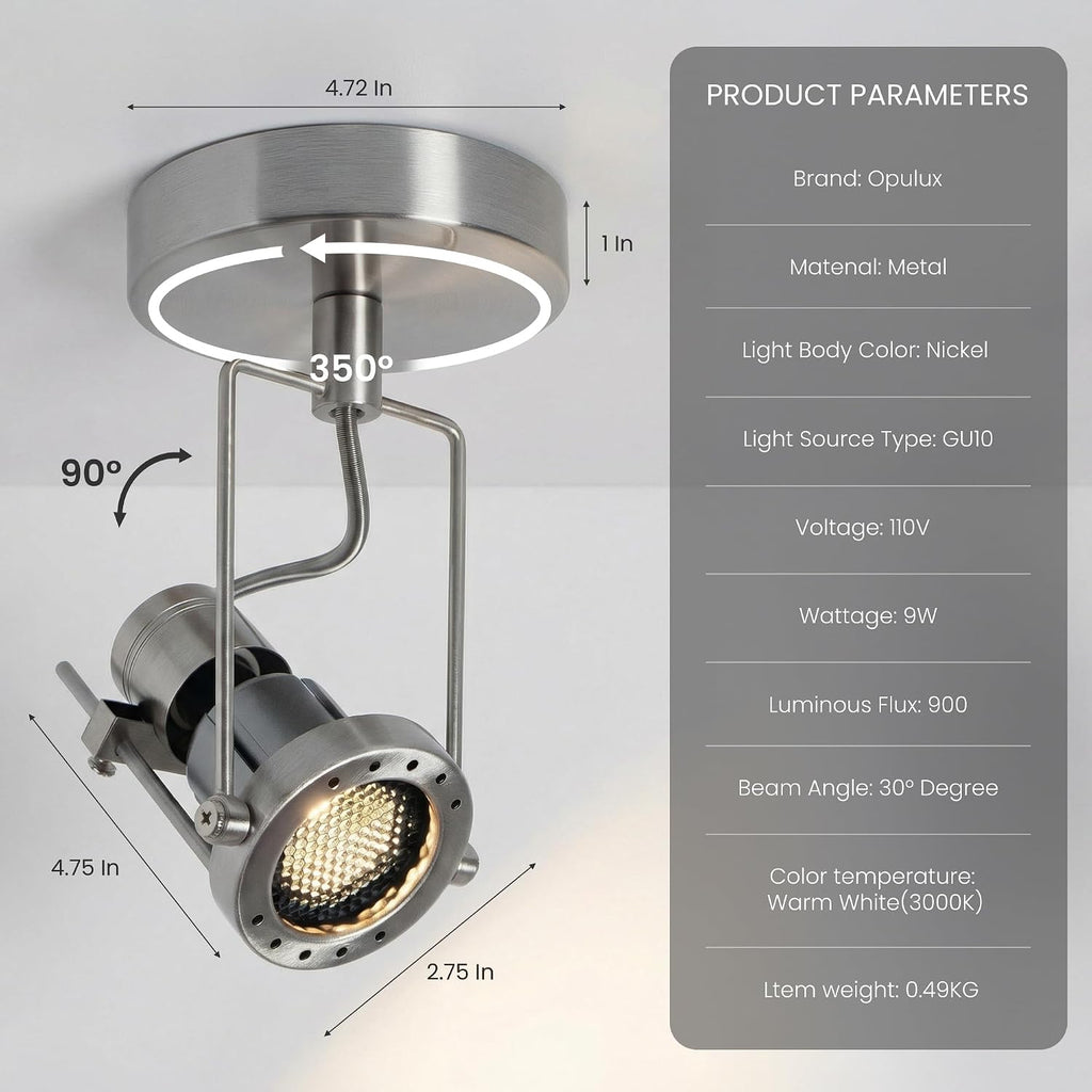 2Pcs GU10 Dimmable Ceiling Spotlight Indoor - Brushed Nickel Adjustable Surface Hardwired Light for Accentuating Wall Art, Creating Ambiance in Living Room & Bedroom
