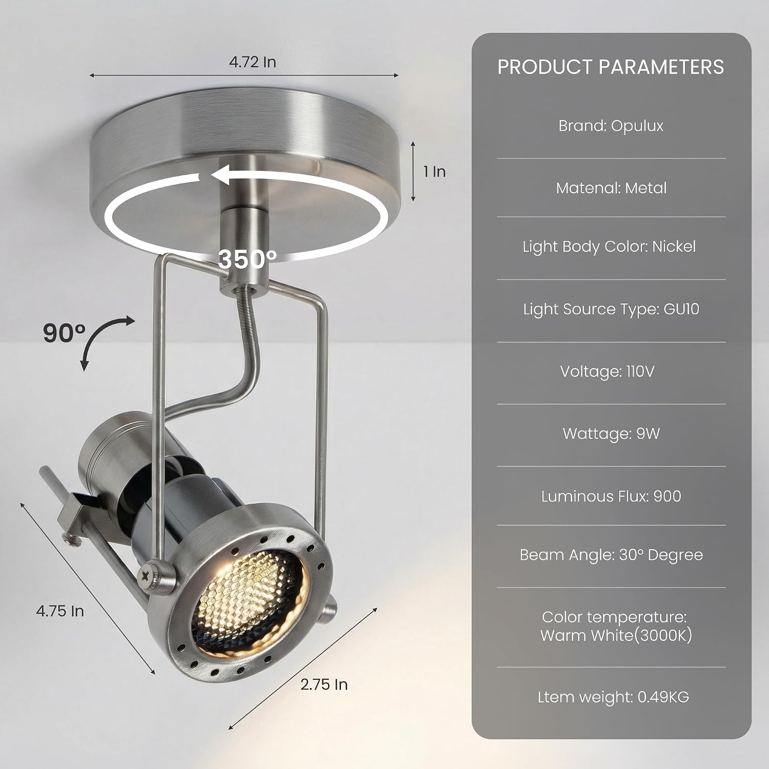 2Pcs GU10 Dimmable Ceiling Spotlight Indoor - Brushed Nickel Adjustable Surface Hardwired Light for Accentuating Wall Art, Creating Ambiance in Living Room & Bedroom