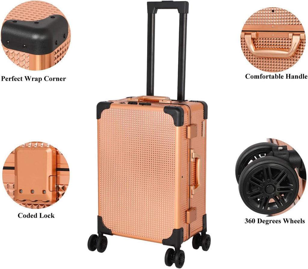 20' Aluminum Ligthed Makeup Train Case with LED Lights Professional Cosmetic Organizer Studio with Speaker, Wheels and Stands Rolling Trolley Makeup Vanity Station for Travel (Rose Gold)