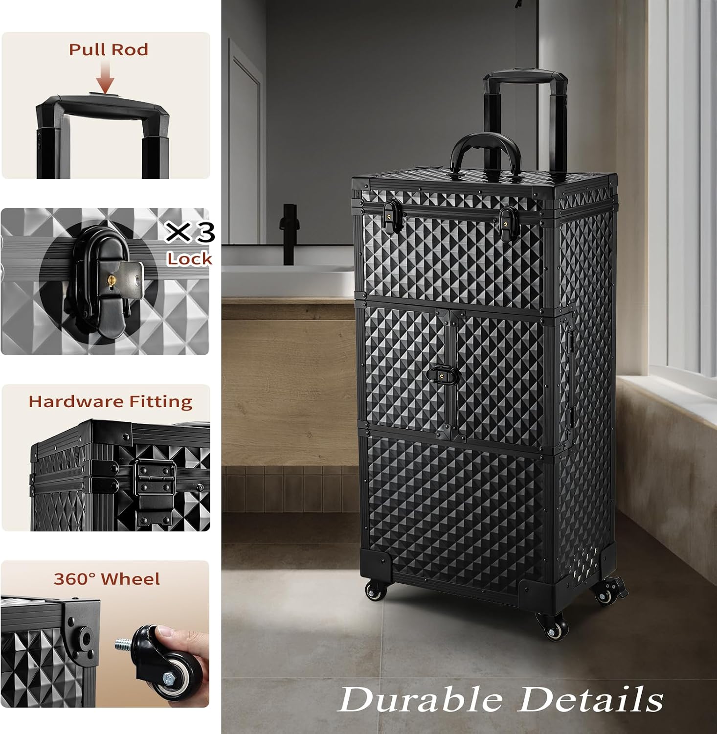 Joligrace Cosmetology Case on Wheels, Rolling Makeup Case for Hairstylists & Makeup Artists， Lockable Professional Make up Case Salon Trolley Cart with Hairdryer Holder for Salon/Barber/Travel, Black