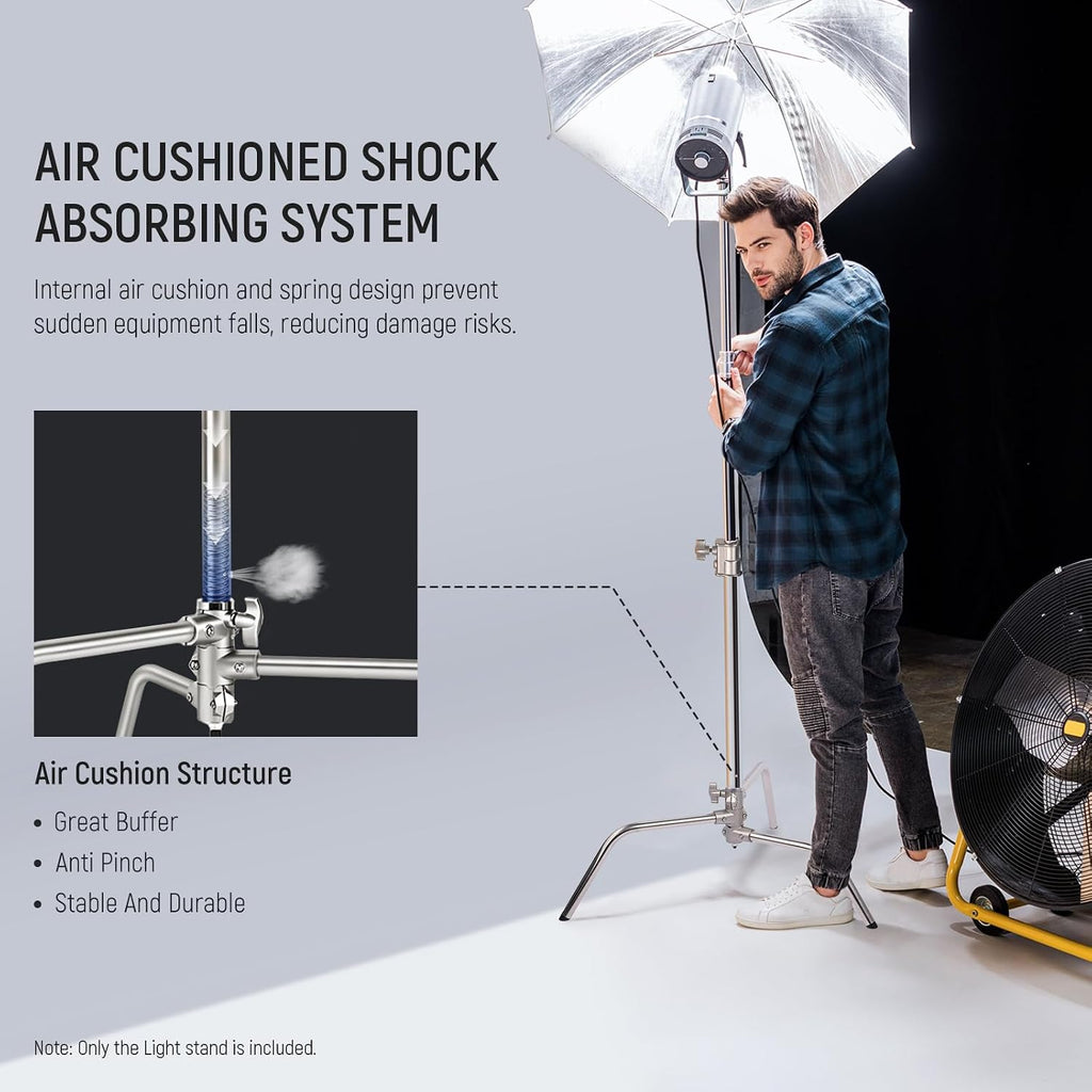NEEWER C Stand with Boom Arm Pro 100% Stainless Steel, Max Height 10.8ft/330cm Air Cushion Heavy Duty Photography Light Stand with 4.2ft/128cm Holding Arm for Monolight Softbox Reflector