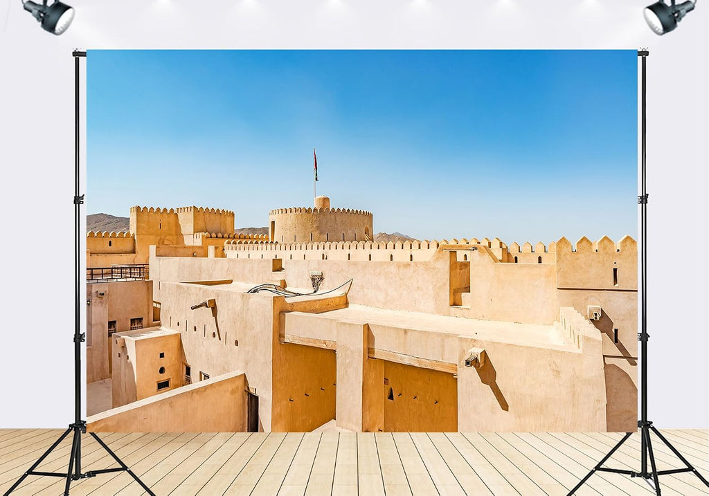 Trykid 20x10ft Arabian Mud Brick Fortress Backdrop Vintage Desert Architecture Clear Blue Sky Photography Background for Travel Theme History Event Party Decoration Photo Booth Prop Fabric