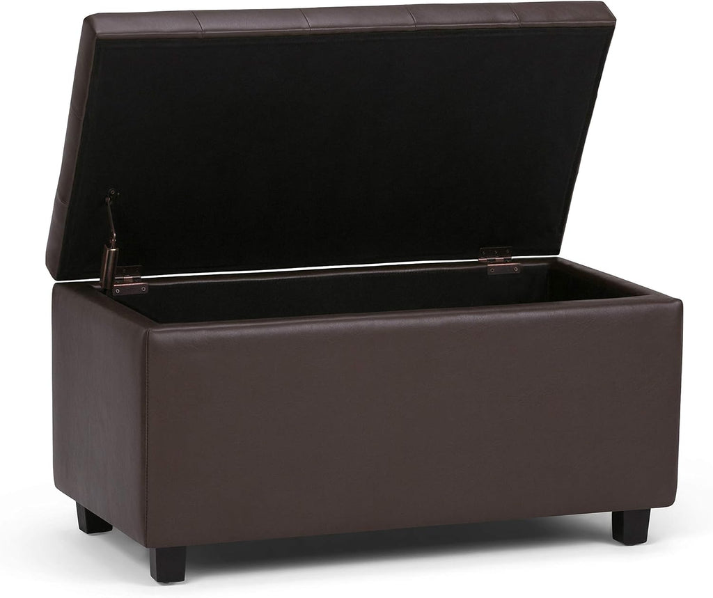 SIMPLIHOME Cosmopolitan Storage Ottoman - 34 inch Wide Upholstered Vegan Leather Rectangle Storage Ottoman Bench in Chocolate Brown, Transitional Tufted Ottoman for Living Room with Lift-Up Lid