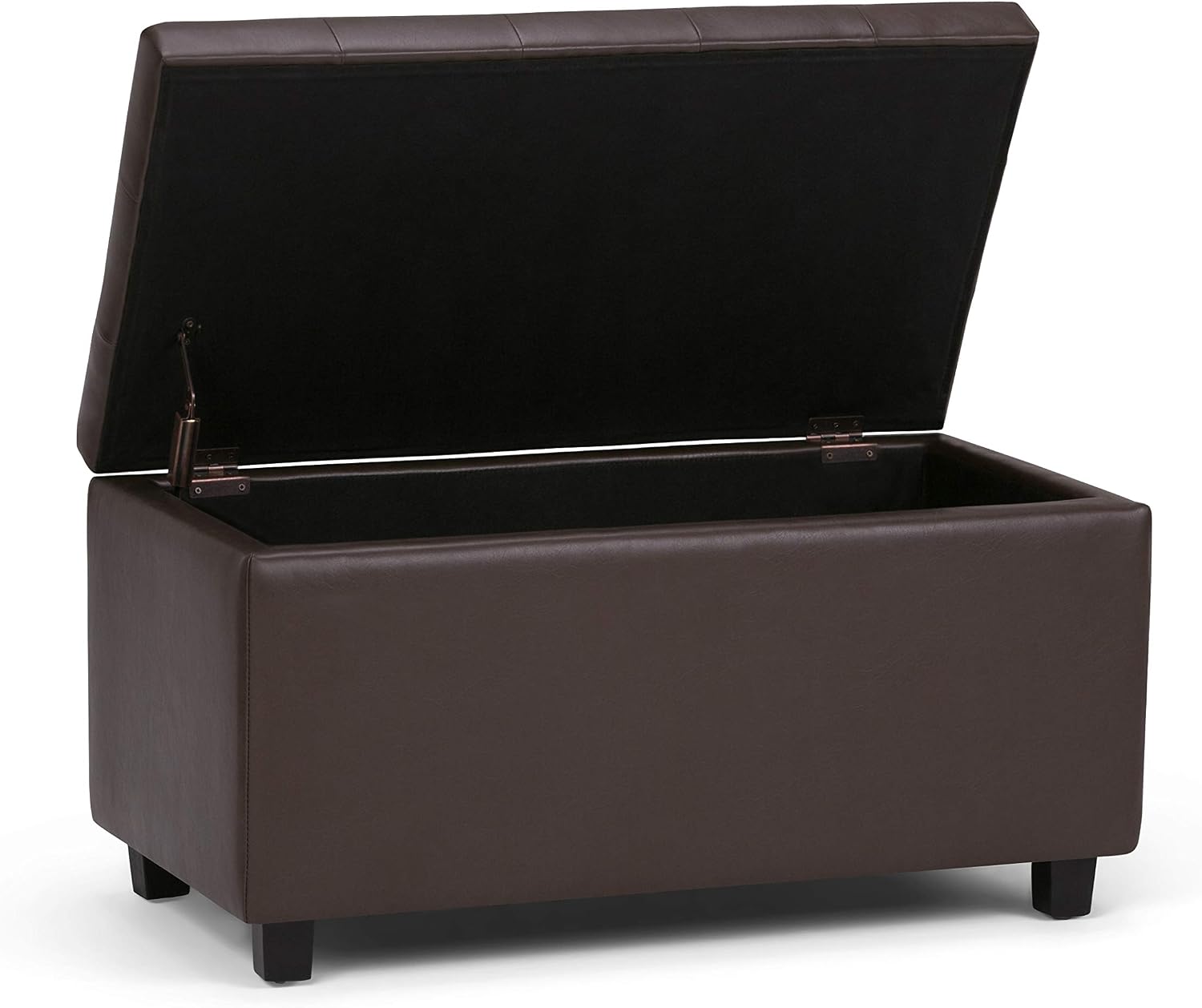 SIMPLIHOME Cosmopolitan Storage Ottoman - 34 inch Wide Upholstered Vegan Leather Rectangle Storage Ottoman Bench in Chocolate Brown, Transitional Tufted Ottoman for Living Room with Lift-Up Lid